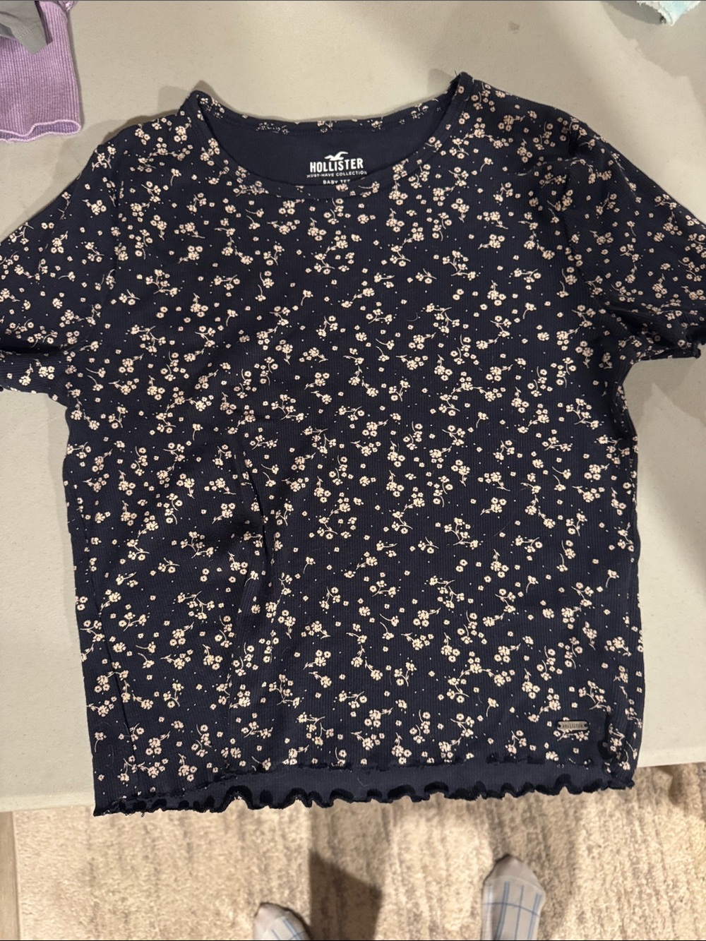 Hollister Navy Tee with Cream Floral Print and Ruffle Hem